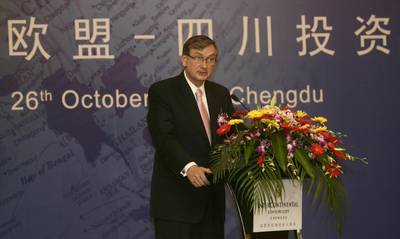 President of the Republic of Slovenia, Dr Danilo Trk, addressing participants of the EU-Sichuan investment and cooperation conference (FA BOBO)