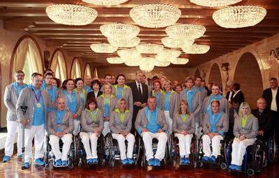 President of the Republic, Dr Danilo Trk and his wife, Barbara Mikli Trk, host a reception for the Slovenian Paralympic team at the closing of the 14th Paralympic Games 2012 in London (photo: Tina Kosec/STA)