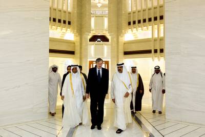 The Emir of the State of Qatar, His Highness Sheikh Hamad bin Khalifa Al-Thani, receives the Slovenian President, Dr Danilo T�rk (photo: Stanko Gruden/STA)