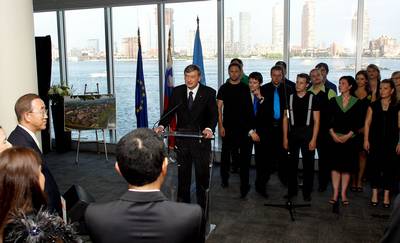 The President of the Republic of Slovenia Dr. Danilo Trk addresses participants of the reception organised at the occasion of the 20th anniversary of the Republic of Slovenia's independence by the ambassador, head of the Permanent Mission of the Republic of Slovenia to the United Nations in New York, Mrs. Sanja tiglic (photo: Stanko Gruden/STA)