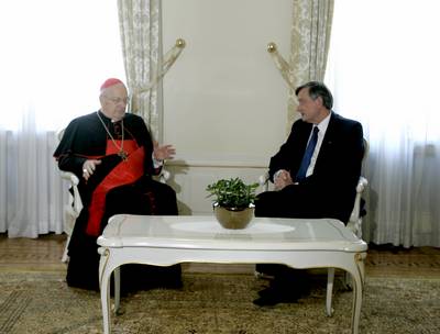 The President of the Republic of Slovenia, Dr Danilo T�rk, receives the Dean of the Holy See's College of Cardinals, Dr Angelo Sodano (photo: Nada Mihajlovi�/STA)