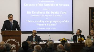President Trk  gives a lecture at the Indian Council of World Affairs entitled "Peace, Stability and Prosperity in the Western Balkans" (photo: Tina Kosec/STA)