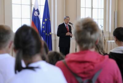 The President of the Republic of Slovenia, Danilo Trk, hosts a reception for the Slovenian participants of the European social educational project 'Mirno morje 2012' intended for children and adolescents living in deprived areas and in children's and juvenile homes, and for children with disorders in their mental and physical development (photo: Neboja Teji/STA)