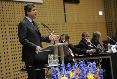 The President of the Republic of Slovenia, Dr Danilo T�rk, and the President of the Republic of Bulgaria, Dr Georgi Parvanov, attend the Slovenian-Bulgarian Business Conference, addressing the business representatives of both states (photo: Neboj�a Teji�/STA)