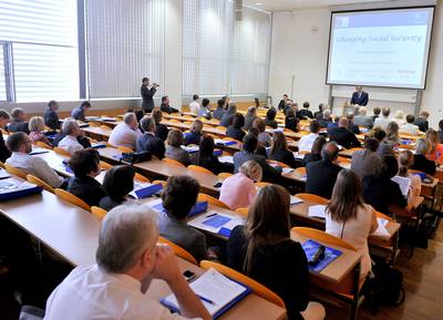 The President of the Republic of Slovenia, Dr Danilo Trk, delivers his address at the Yearly Conference of the European Institute of Social Security (photo: Tamino Petelinek/STA)