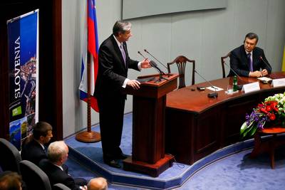 The President of Ukraine, Viktor Yanukovych, and the President of the Republic of Slovenia, Dr Danilo T�rk, attend the Ukrainian-Slovenian business forum, addressing business representatives from both countries (photo: Stanko Gruden/STA)