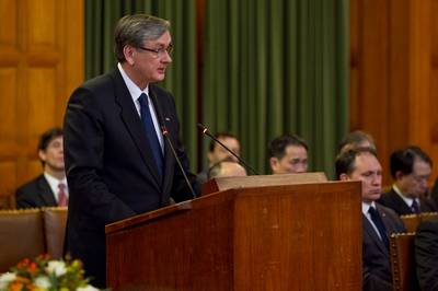 Predsednik Republike Slovenije dr. Danilo Trk je nagovoril Meddravno sodie v Haagu (foto: Stanko Gruden/STA)