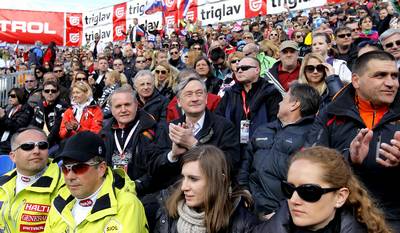 Predsednik republike dr. Danilo Trk si je ogledal drugi tek slaloma na prireditvi 51. Pokal Vitranc – Audi FIS svetovni pokal v alpskem smuanju za moke (foto: Daniel Novakovi/STA)