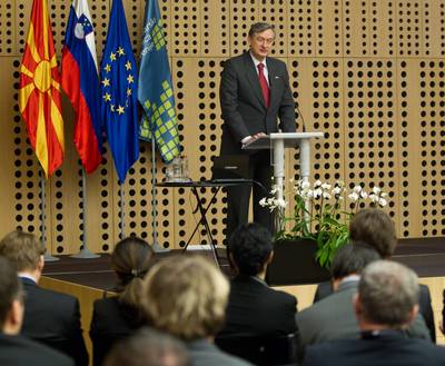 Predsednik Republike Slovenije dr. Danilo Trk in predsednik Republike Makedonije dr. Gjorge Ivanov sta se udeleila Poslovne konference slovenskih in makedonskih gospodarstvenikov (foto: Stanko Gruden/STA)