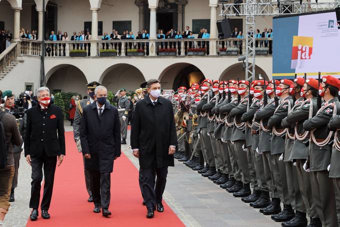 The President of the Republic of Slovenia, Borut Pahor, and the Federal President of the Republic of Austria, Alexander Van der Bellen, jointly attend the commemoration of the 100th anniversary of the Carinthian plebiscite