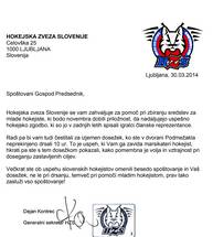 Zahvala Hokejske zveze Slovenije