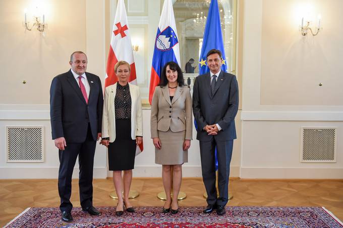 Predsednik Republike Slovenije Borut Pahor z gospo Tanjo Pear in predsednik Gruzije Giorgio Margvelavili s soprogo Mako Chichuo v Predsedniki palai